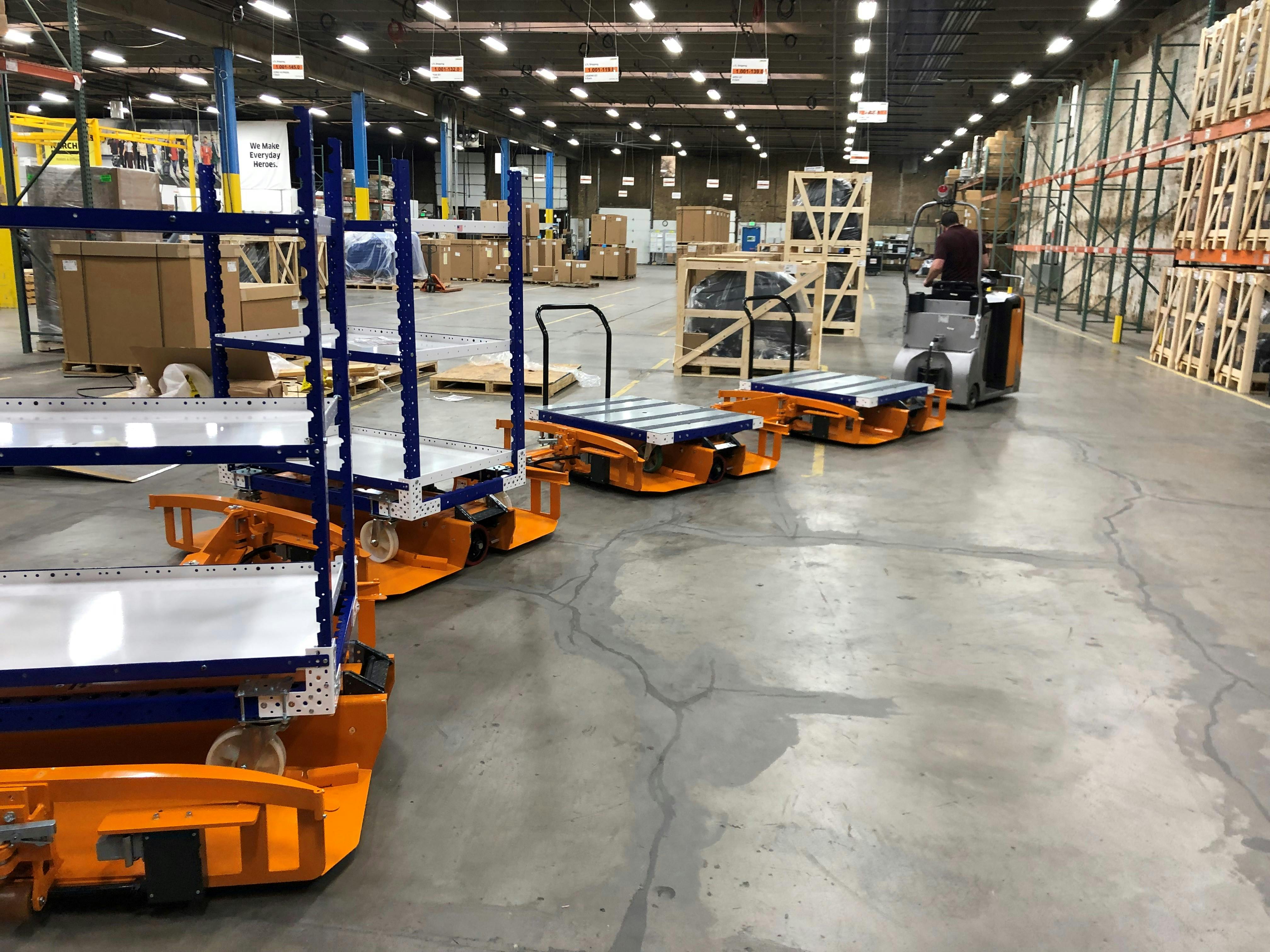 LiftRunner Tugger Train frames with FlexQube material handling carts