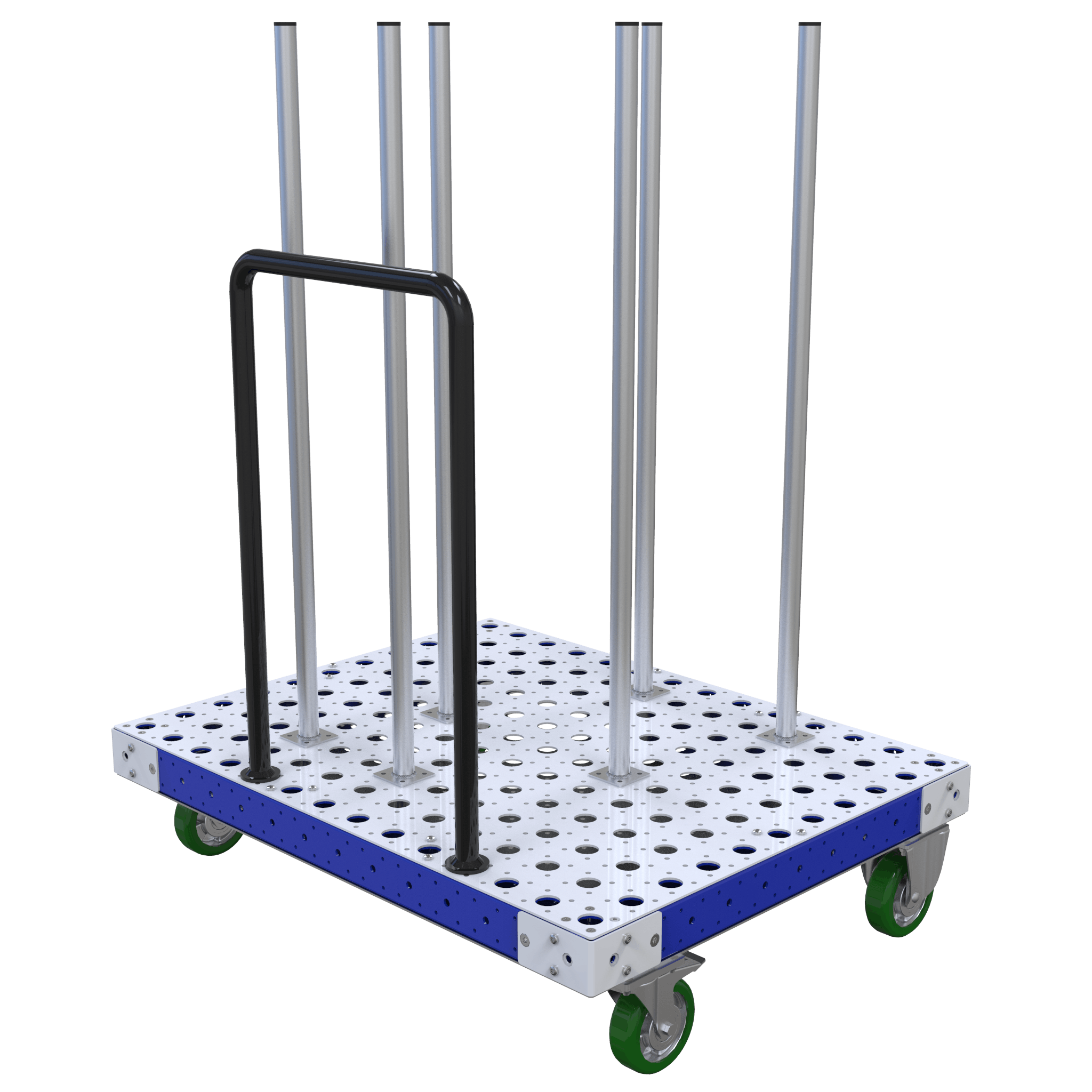 The cart is designed to stack different-sized circular components on the tubes.