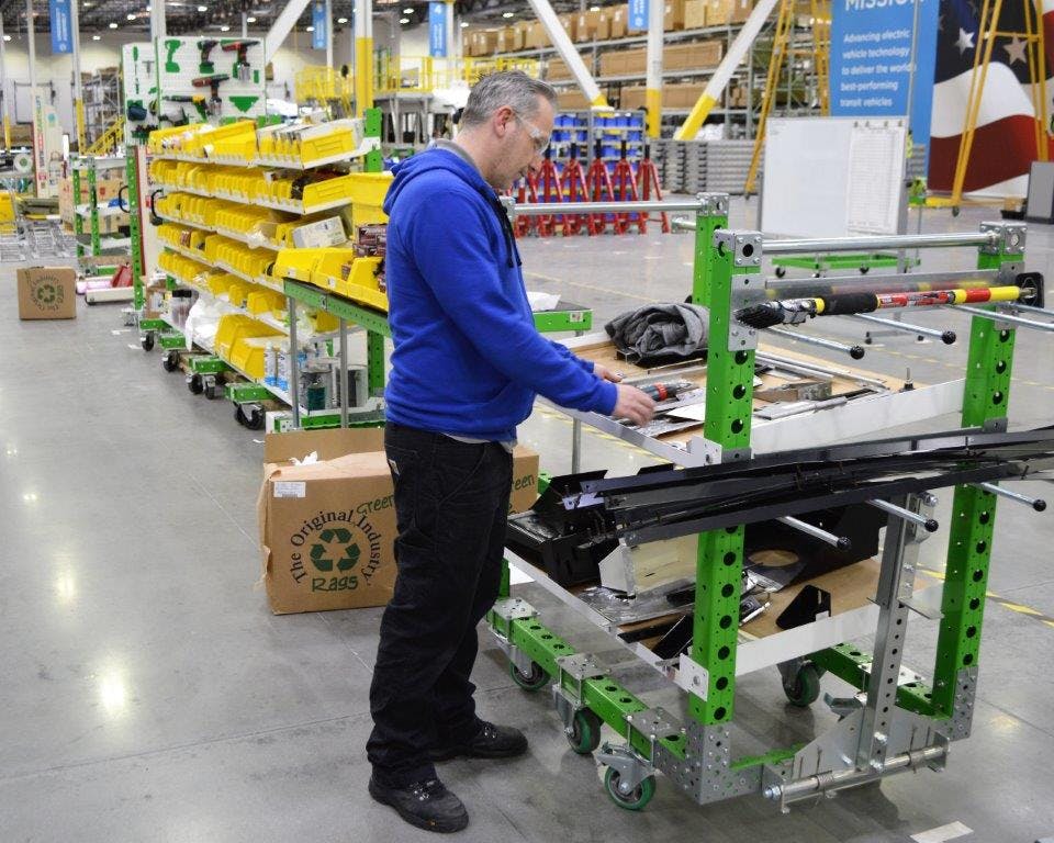 FlexQube kit carts at a bus manufacturing in Los Angeles